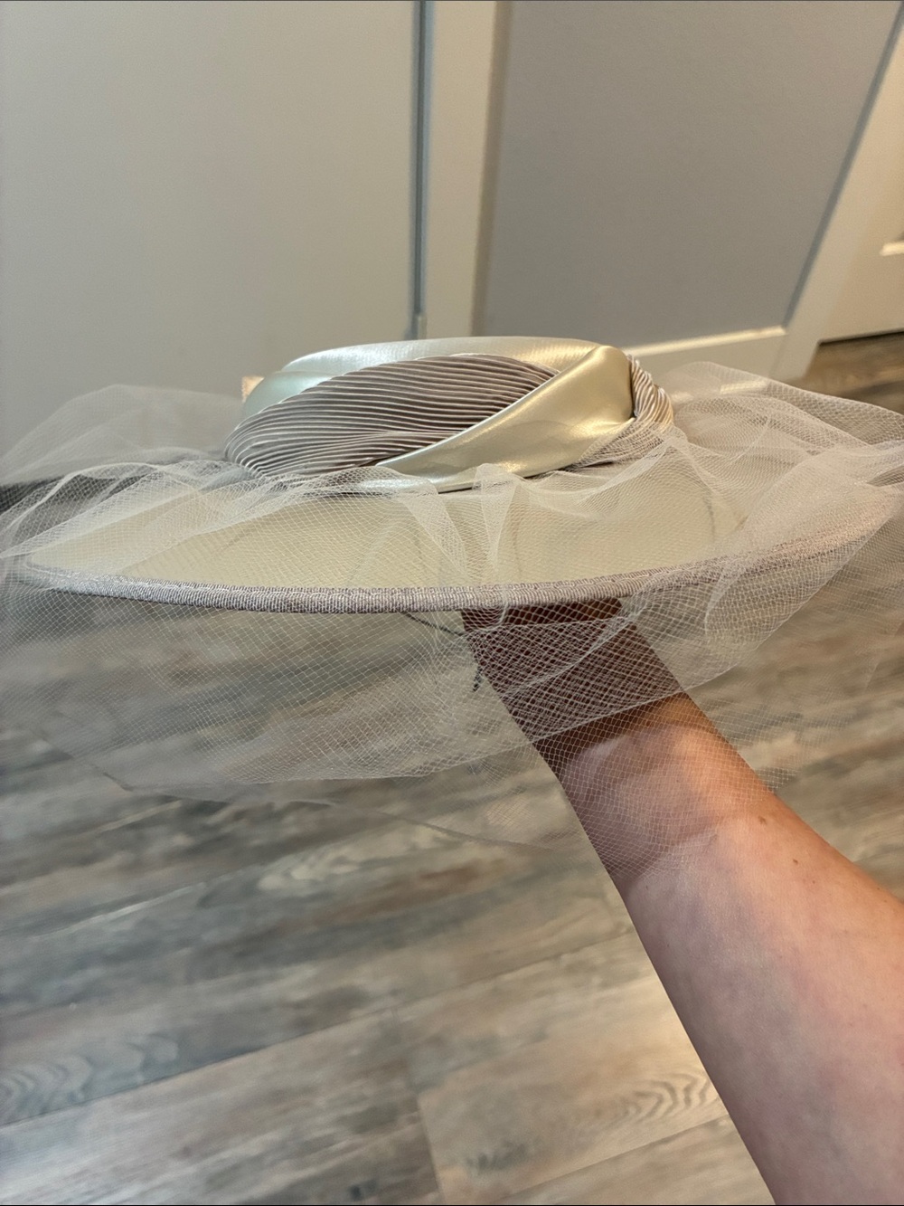 Eric Javits Pale Blush/Taupe Satin and Tulle Cocktail Hat.
Built-in head-band. - Picture 3 of 5
